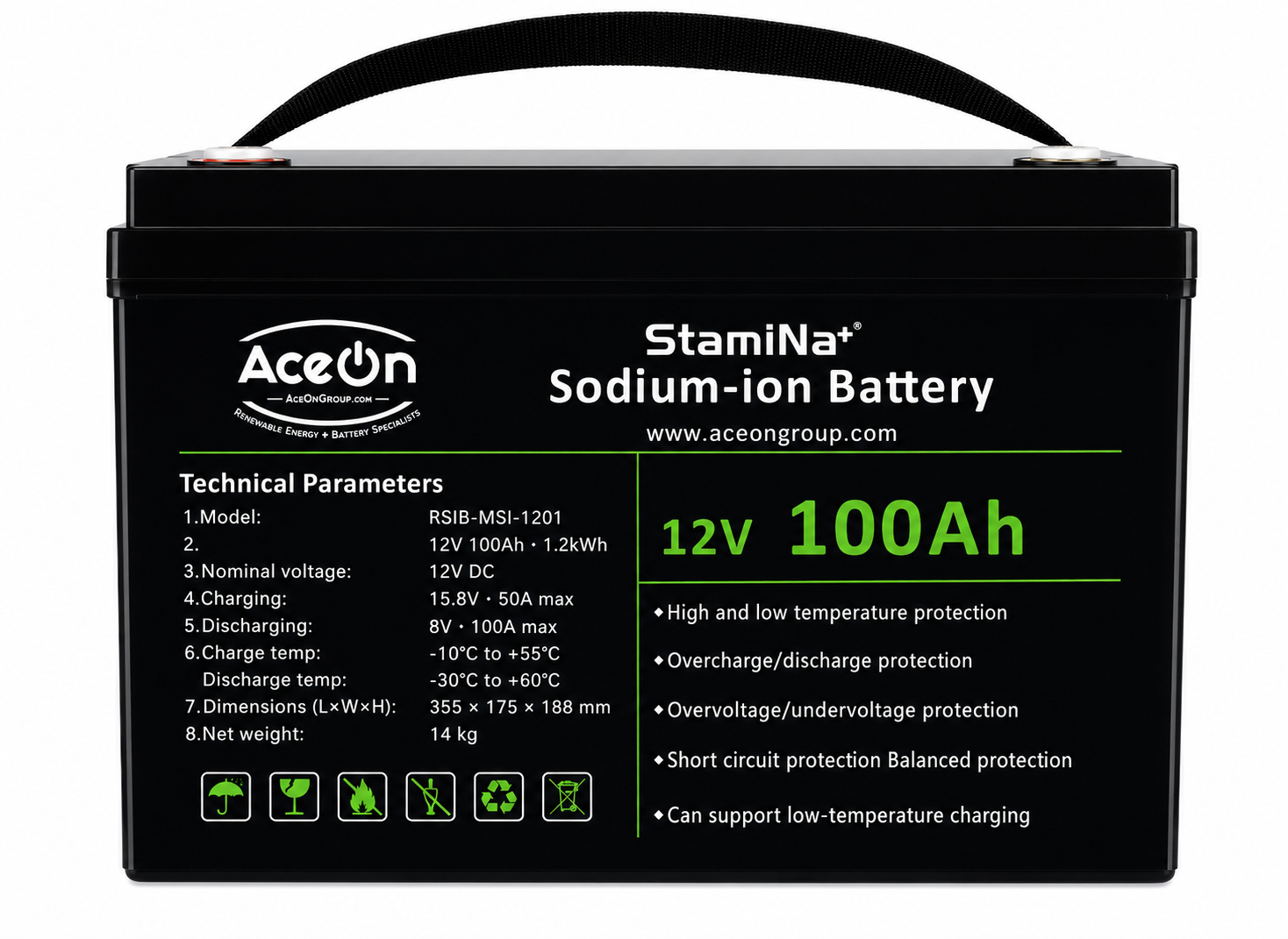 AceOn StamiNa+ NA12100 12V 100Ah sodium-ion battery in a sealed ABS case with carry handle and M8 stud terminals