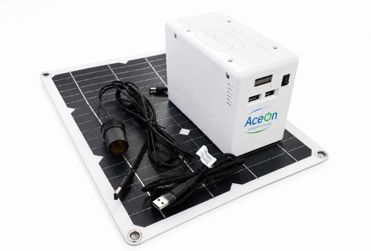 AceOn PES 120Wh Lighting Kit — foldable solar panel, sodium-ion power bank and LED lights laid out together