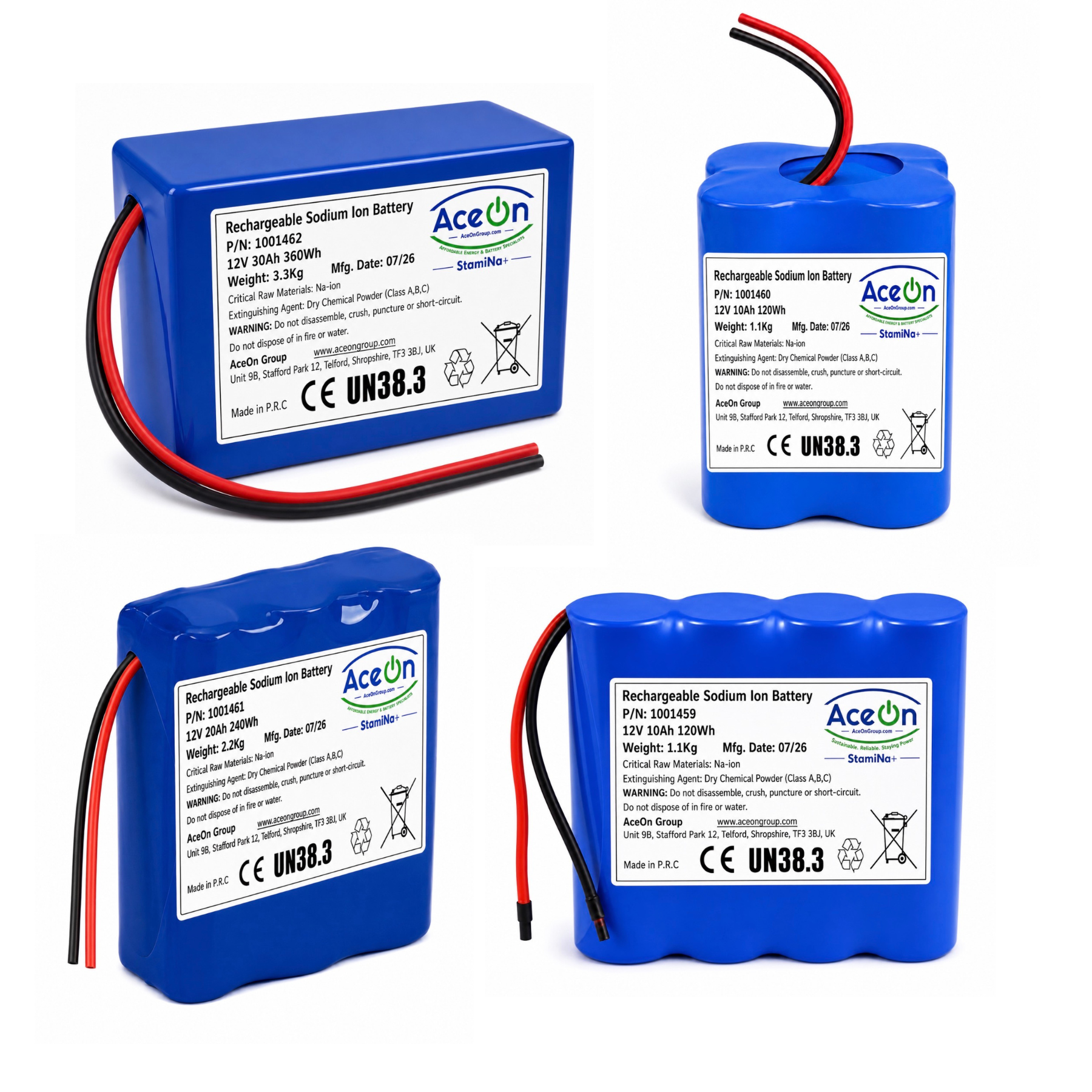 The four StamiNa+ sodium-ion soft packs — two 10Ah footprints, 20Ah and 30Ah — shown together