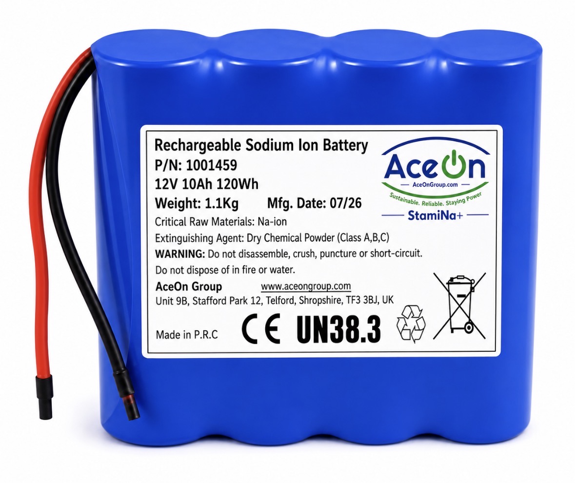 StamiNa+ 1001459 4S1P 12V 10Ah low-profile sodium-ion soft pack with flying leads