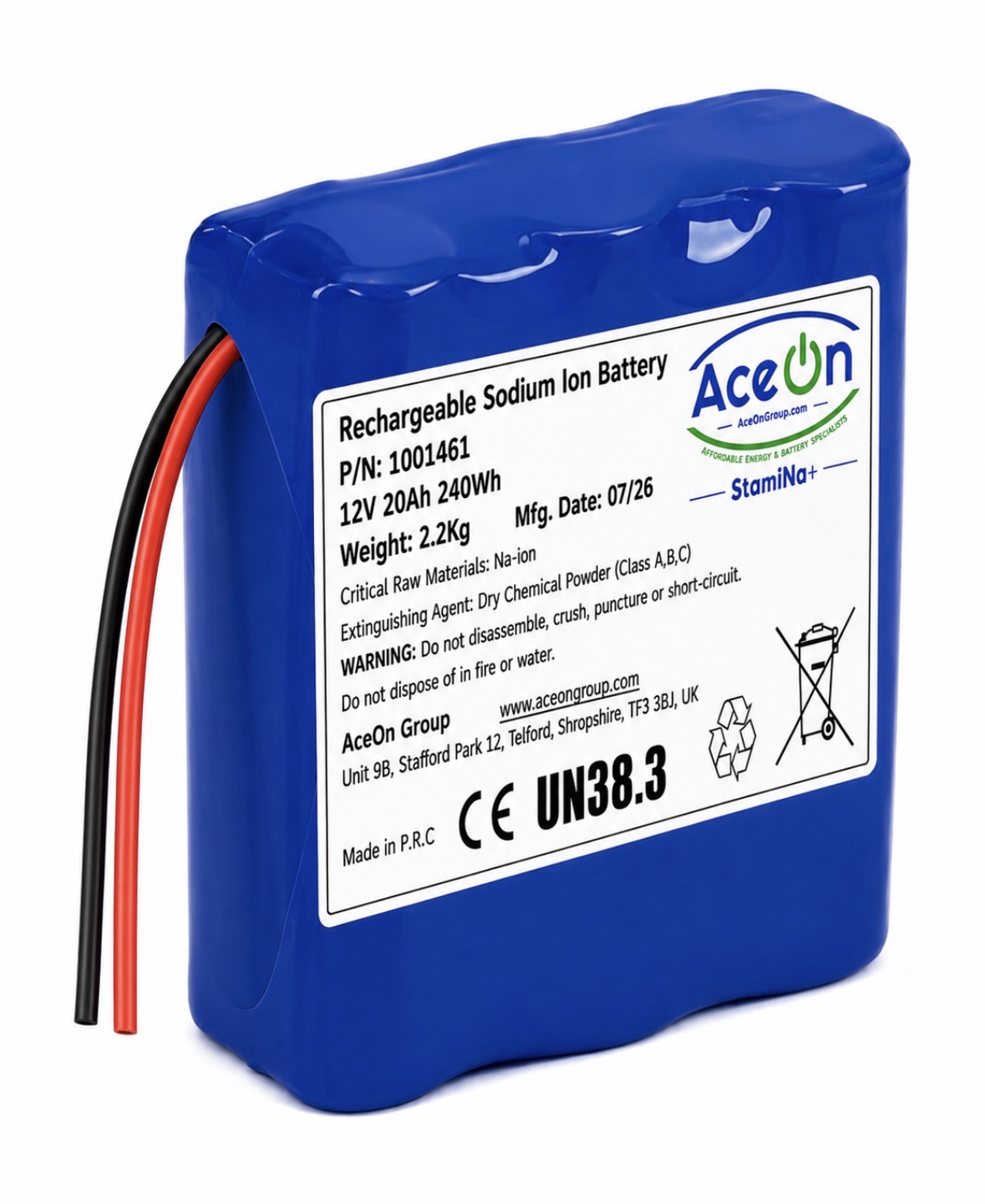 StamiNa+ 1001461 4S2P 12V 20Ah sodium-ion soft pack with flying leads